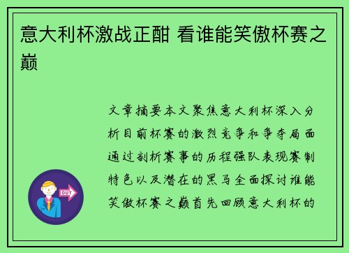 意大利杯激战正酣 看谁能笑傲杯赛之巅 意大利杯激战正酣 看谁能笑傲杯赛之巅